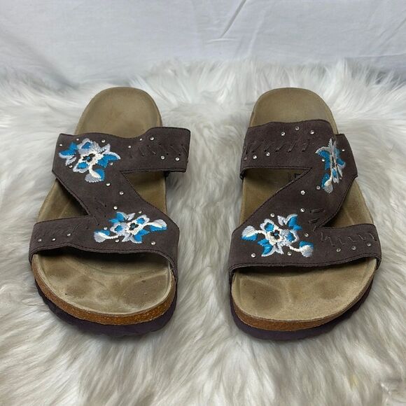 Birkenstock Betula Zara Brown Embroidered Slide Sandals Sz 11 - Picture 2 of 6